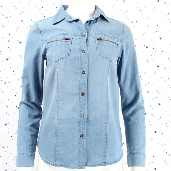 Chambray Denim Shirt Button Up Light Blue - Picture 2 of 7